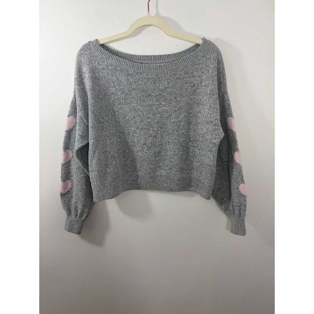 Hollister Womens Grey Pink Heart Sleeve Cropped Knit Sweater XS 350S3027